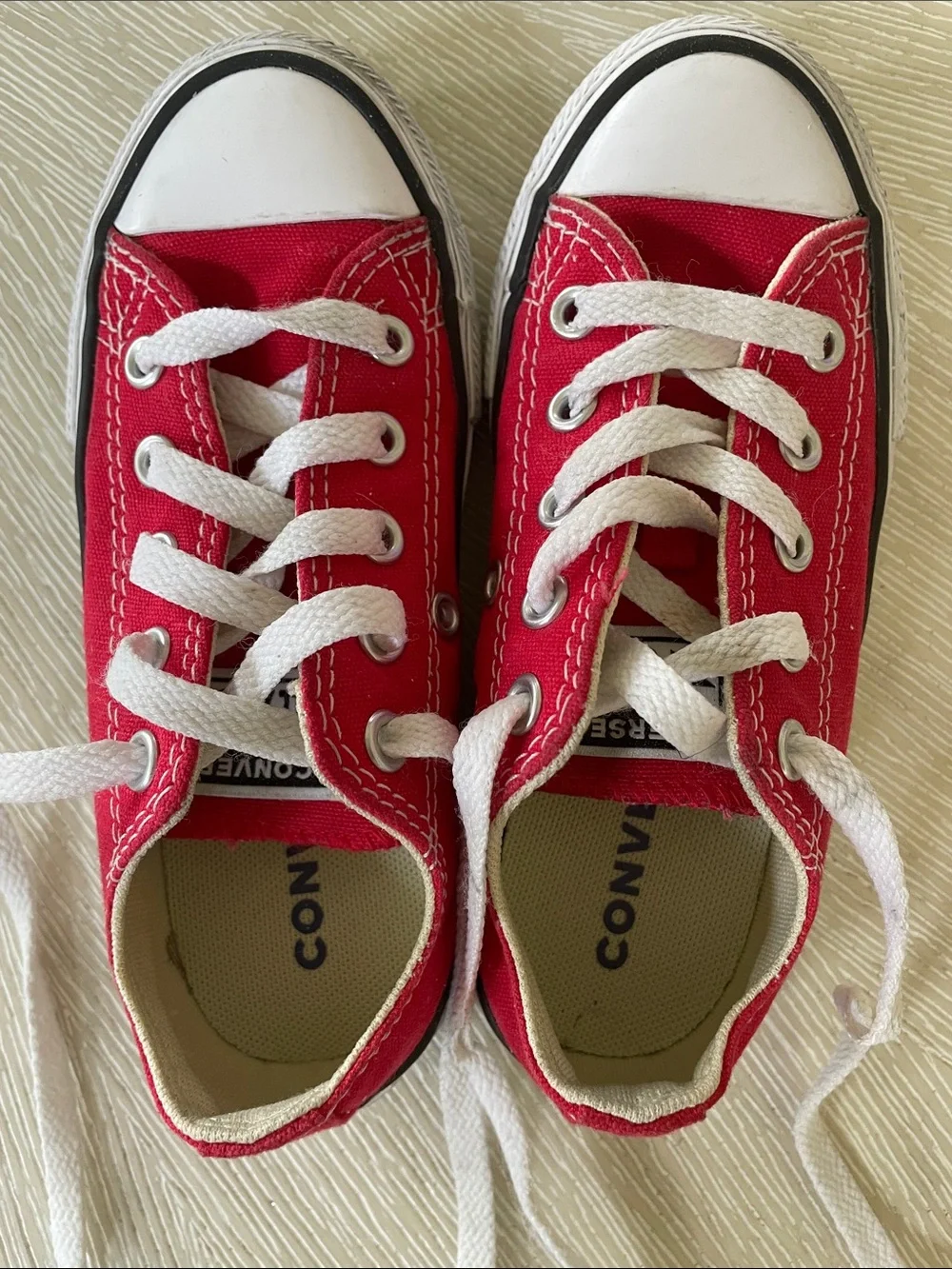 Youth Size 11 - Converse Red & White Low Top Sneakers